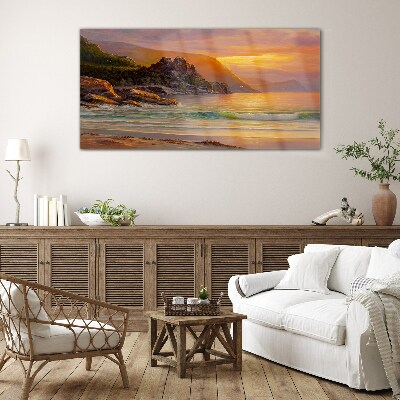 Foto op glas Zonsondergang over de bergkust