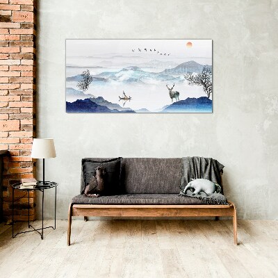 Schilderij op glas Een vredig berglandschap met een hert