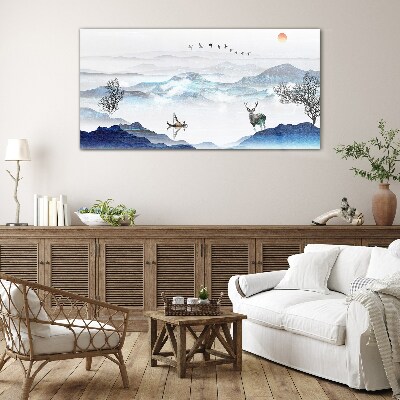 Schilderij op glas Een vredig berglandschap met een hert