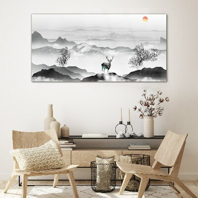 Foto op glas Een vredig landschap met een hert