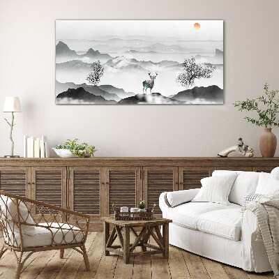 Foto op glas Een vredig landschap met een hert