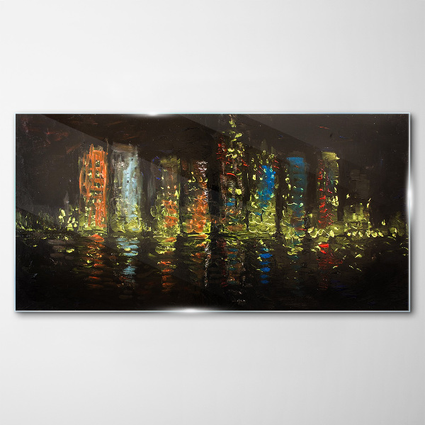 Glas foto De stad 's nachts in het schijnsel van de lichten