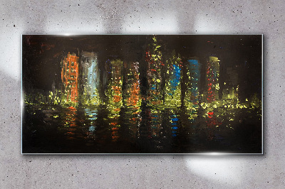 Glas foto De stad 's nachts in het schijnsel van de lichten