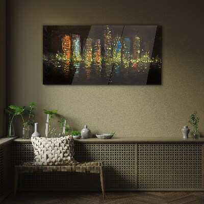 Glas foto De stad 's nachts in het schijnsel van de lichten