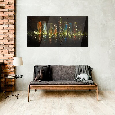 Glas foto De stad 's nachts in het schijnsel van de lichten