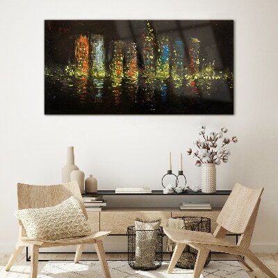 Glas foto De stad 's nachts in het schijnsel van de lichten
