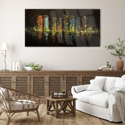 Glas foto De stad 's nachts in het schijnsel van de lichten