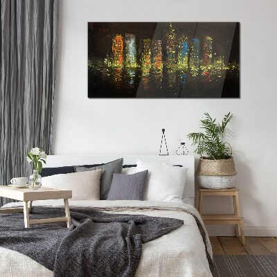 Glas foto De stad 's nachts in het schijnsel van de lichten