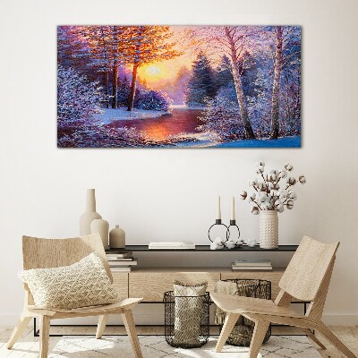 Schilderij op glas Winterschemering over de rivier