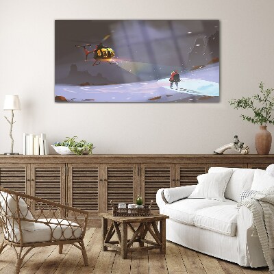 Foto op glas Helikopter in een berglandschap