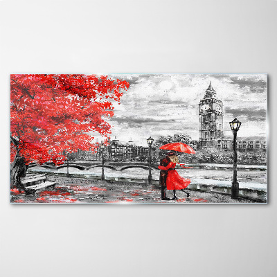 Glas foto Rode paraplu in regenachtig Londen