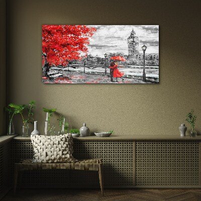 Glas foto Rode paraplu in regenachtig Londen