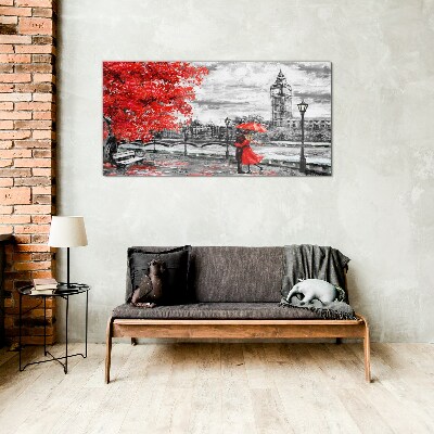 Glas foto Rode paraplu in regenachtig Londen