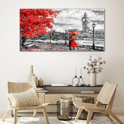 Glas foto Rode paraplu in regenachtig Londen