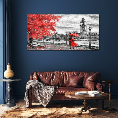 Glas foto Rode paraplu in regenachtig Londen