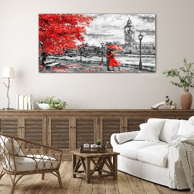 Glas foto Rode paraplu in regenachtig Londen