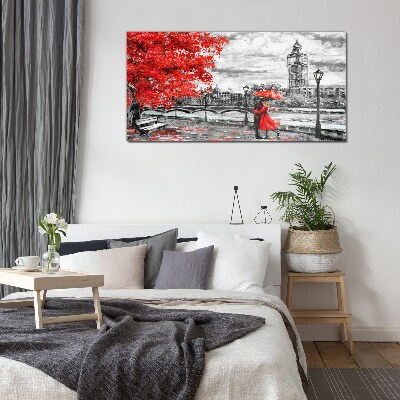 Glas foto Rode paraplu in regenachtig Londen