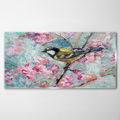 Schilderij op glas Lentevogel zingt op een tak