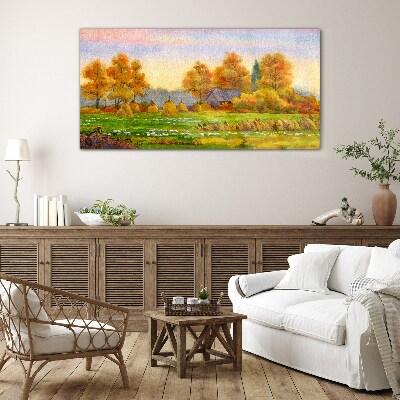 Foto op glas Herfstdorp met boomgaard en hooibergen