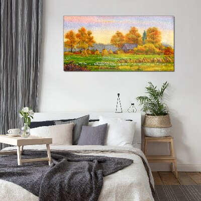 Foto op glas Herfstdorp met boomgaard en hooibergen