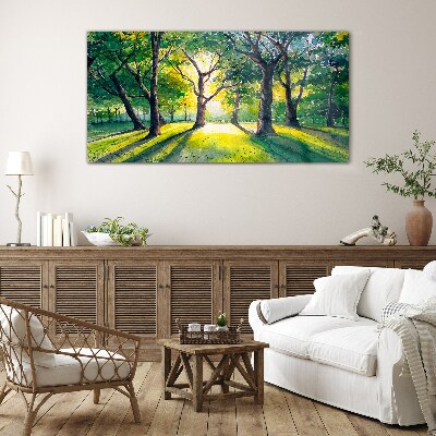 Foto op glas Gouden stralen in het bos