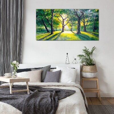 Foto op glas Gouden stralen in het bos