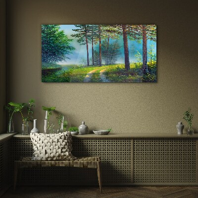 Glas foto Bospad in de ochtendmist