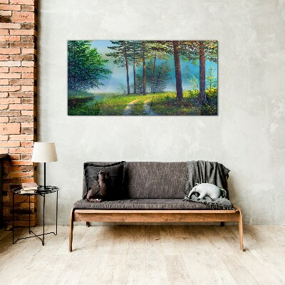 Glas foto Bospad in de ochtendmist