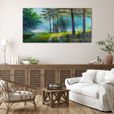 Glas foto Bospad in de ochtendmist