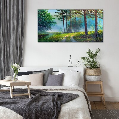 Glas foto Bospad in de ochtendmist