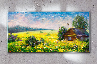 Schilderij op glas Zomerlandschappen met een huisje in het veld