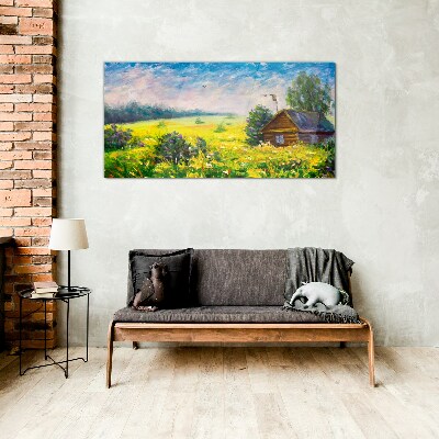Schilderij op glas Zomerlandschappen met een huisje in het veld