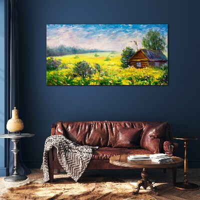 Schilderij op glas Zomerlandschappen met een huisje in het veld
