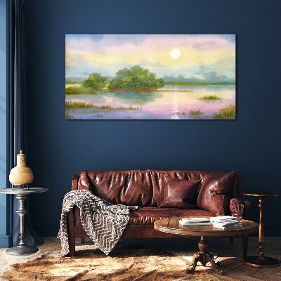 Glas foto Een vredig landschap aan het water