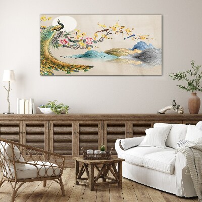 Schilderij op glas Pauw in bloeiend landschap