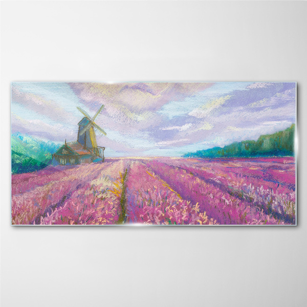Foto op glas Bloemenlandschap met een windmolen