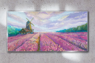 Foto op glas Bloemenlandschap met een windmolen