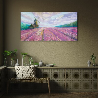 Foto op glas Bloemenlandschap met een windmolen