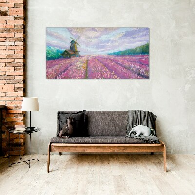 Foto op glas Bloemenlandschap met een windmolen