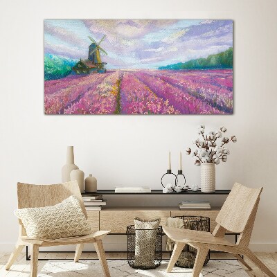 Foto op glas Bloemenlandschap met een windmolen