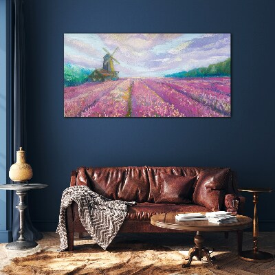 Foto op glas Bloemenlandschap met een windmolen