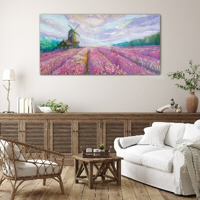 Foto op glas Bloemenlandschap met een windmolen