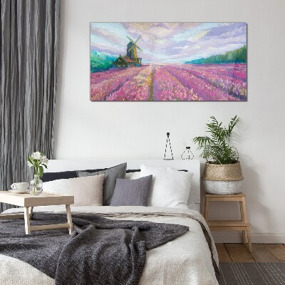 Foto op glas Bloemenlandschap met een windmolen