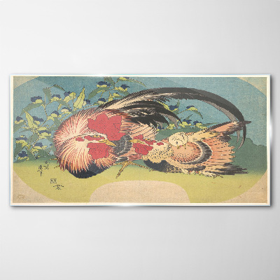 Schilderij op glas Haan en kip in de tuin