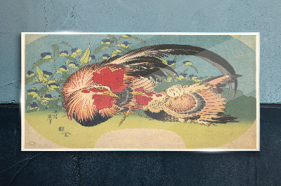 Schilderij op glas Haan en kip in de tuin