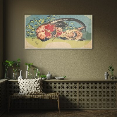 Schilderij op glas Haan en kip in de tuin