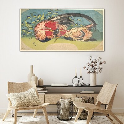 Schilderij op glas Haan en kip in de tuin