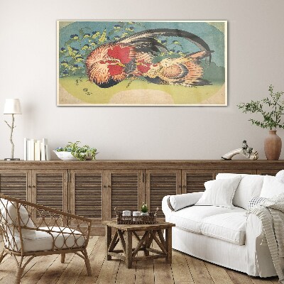 Schilderij op glas Haan en kip in de tuin