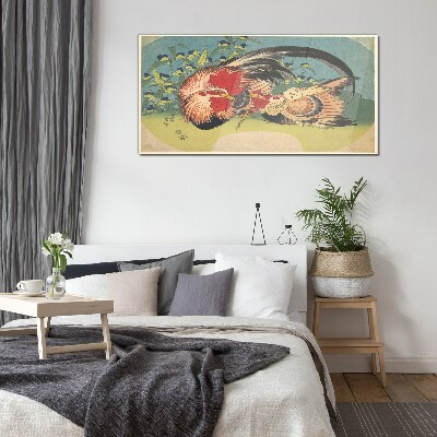 Schilderij op glas Haan en kip in de tuin