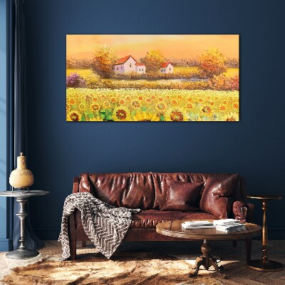 Glas foto Zonnebloemvelden en landhuizen